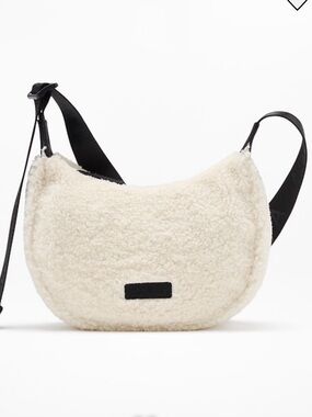 Athleta Cream Sherpa Crossbody Bag with Black Strap